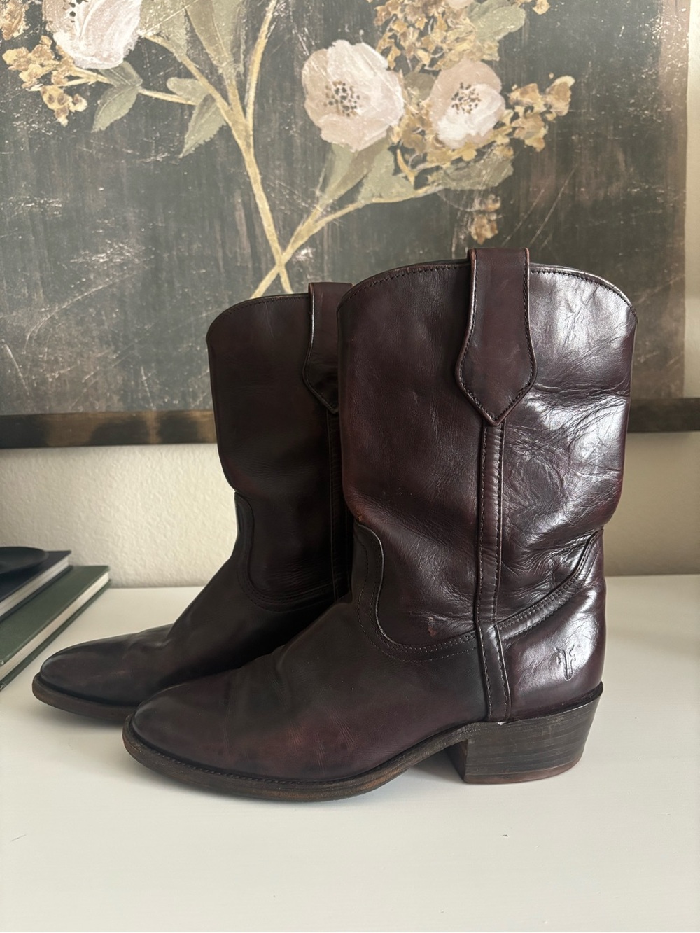 FRYE Vintage Mens Cowboy Boots Merlot Brown Leather